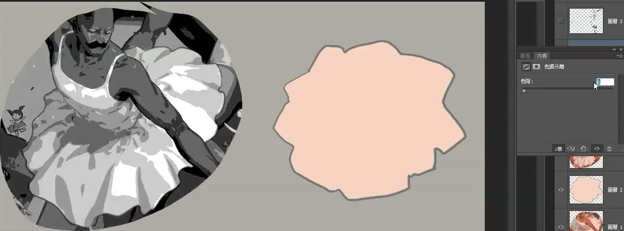 A posterized greyscale of the skirt illustration beside an empty flat skirt silhouette, with the Posterize panel set to 5 levels.