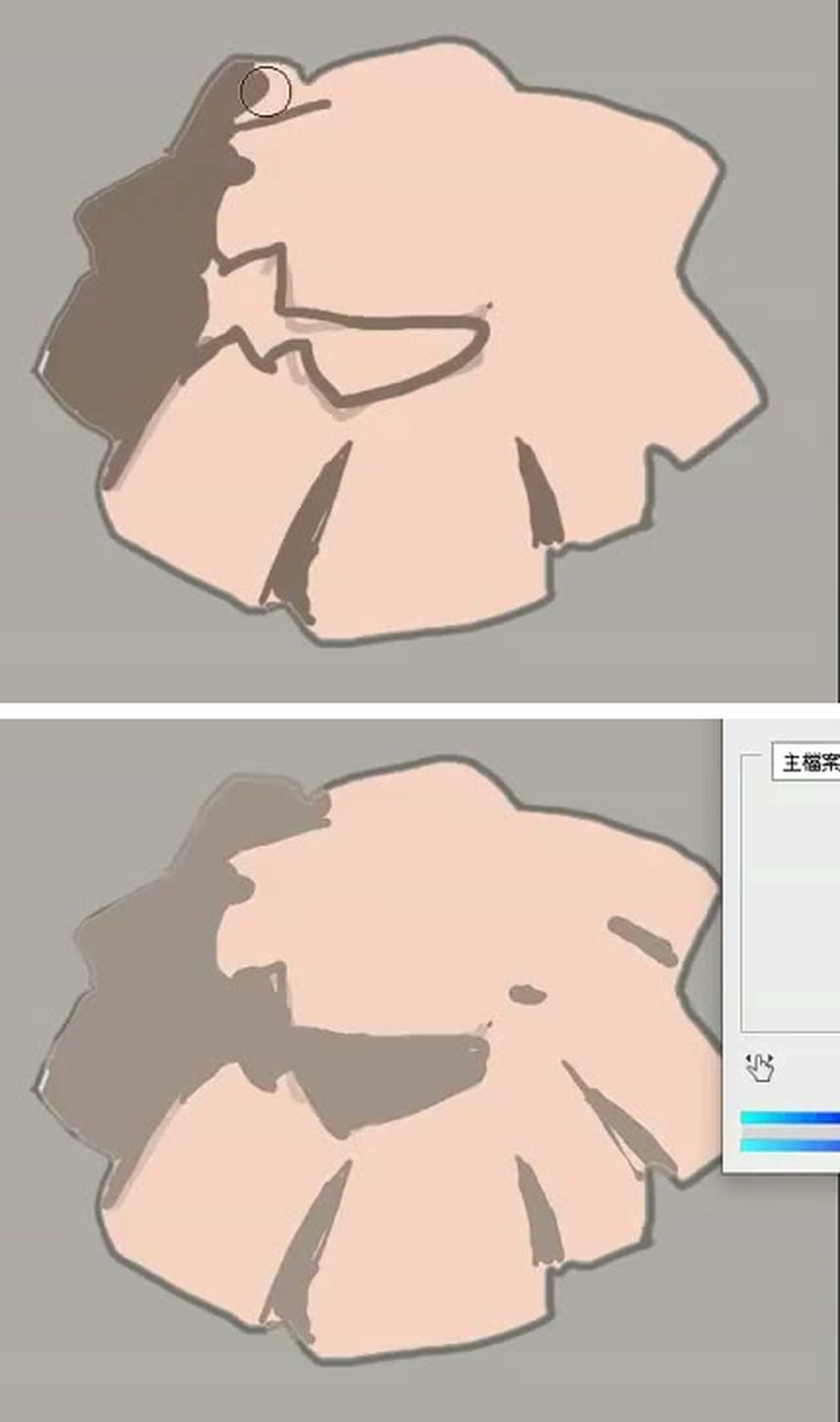 Top: a dark flat shadow shape on the skirt silhouette. Bottom: the same shadow area lighter, with more shapes.