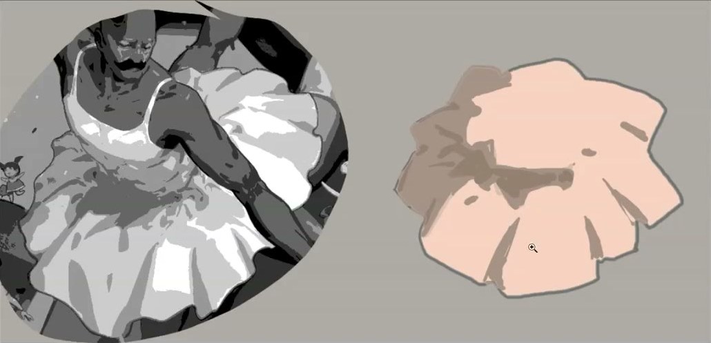The posterized skirt reference beside the study, which now has darker wedge-shaped fold marks inside the shadow area.