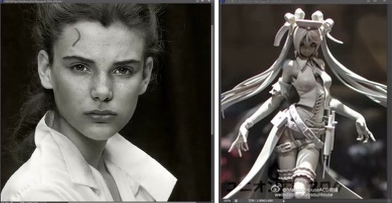 Left: a soft-lit black and white portrait photo. Right: a grey statue photo with clear light and dark separation.