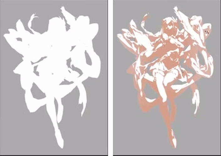 Left: a flat white figure silhouette. Right: the same figure as white plus one flat mid-tone.