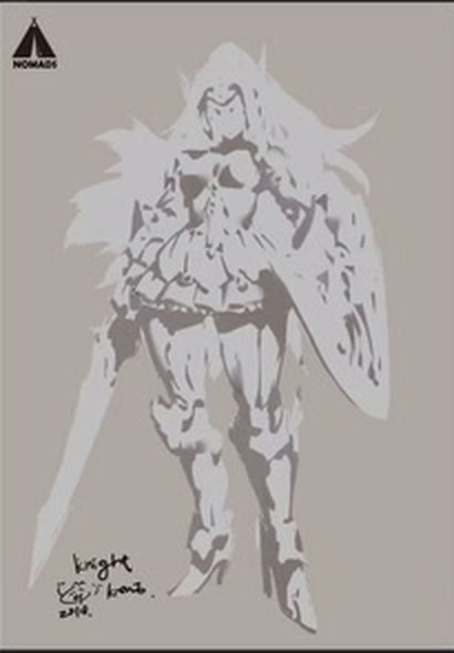 An armoured figure with sword and shield in two greys.