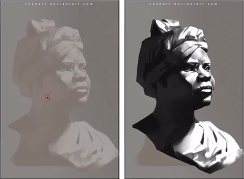A turbaned bust study: a faint single-layer version and a high-contrast version.