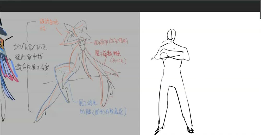 The posed sketch beside a quick frontal symmetric standing figure with crossed arms.
