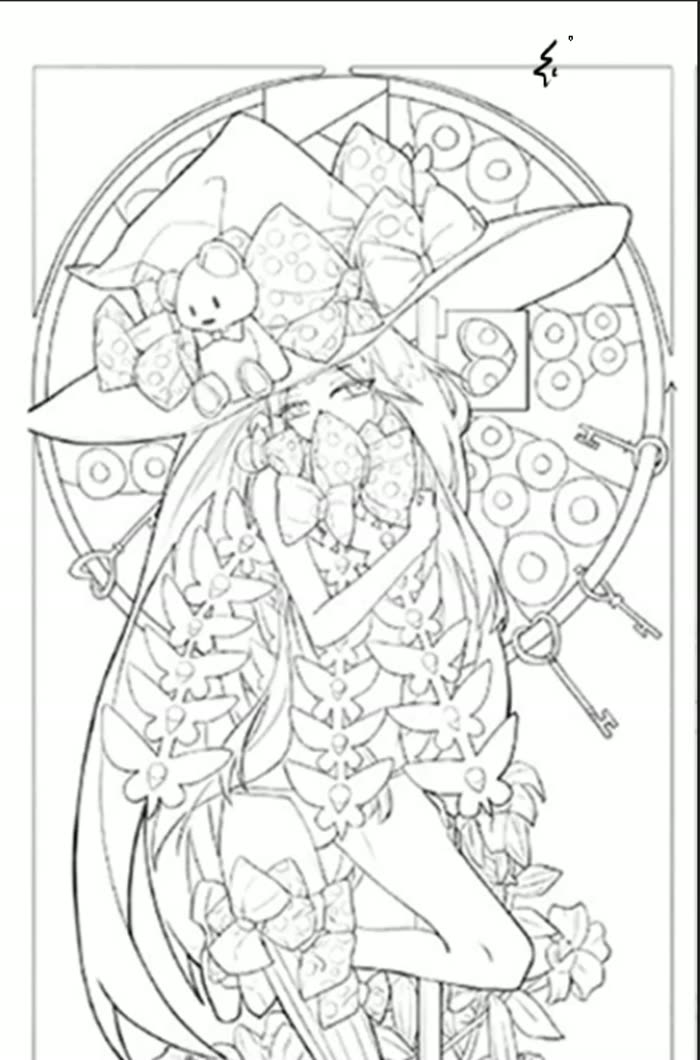 The witch line drawing with hat, bear, bows, a ring of circles, keys and flowers.