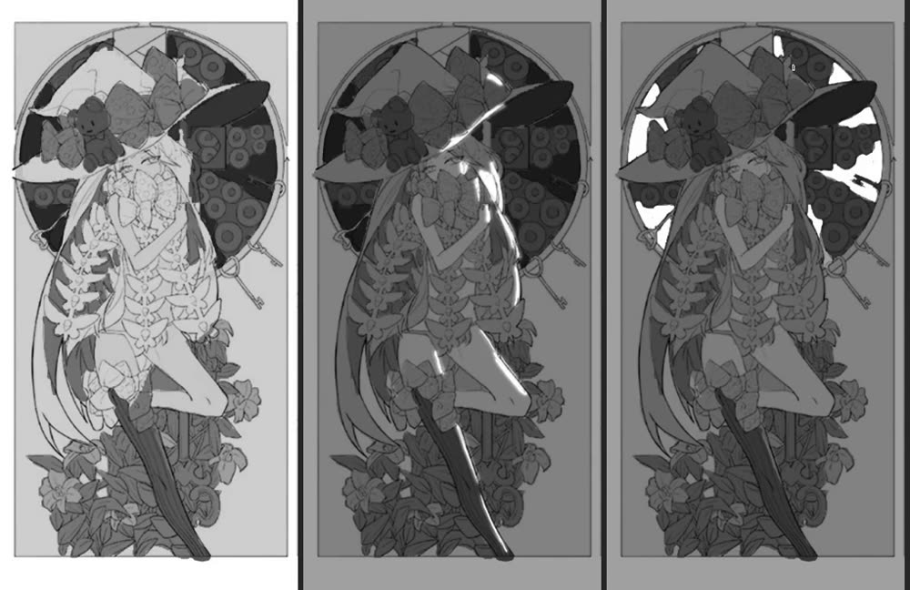 Three value plans: light figure on grey with dark behind; darkened whole with edge light; grey figure against white window shapes.