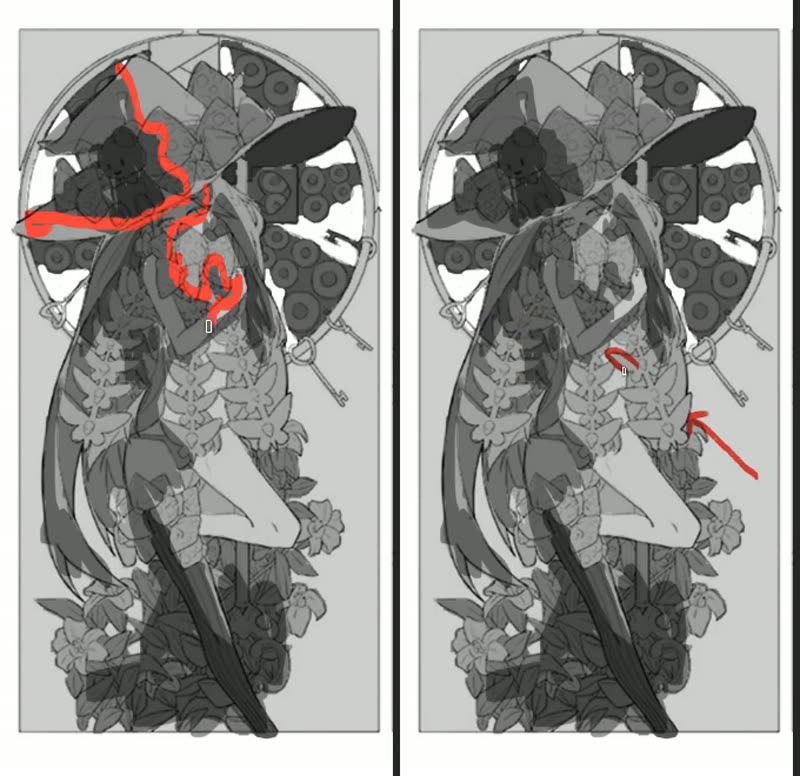 Strong cast shadows across the hat and figure, with a red line tracing the eye path through contrast patches.