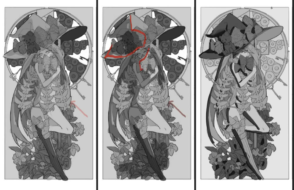 Left: lighting with lower contrast. Middle: red outline of the half-and-half shadow split. Right: very dark accents in small areas.