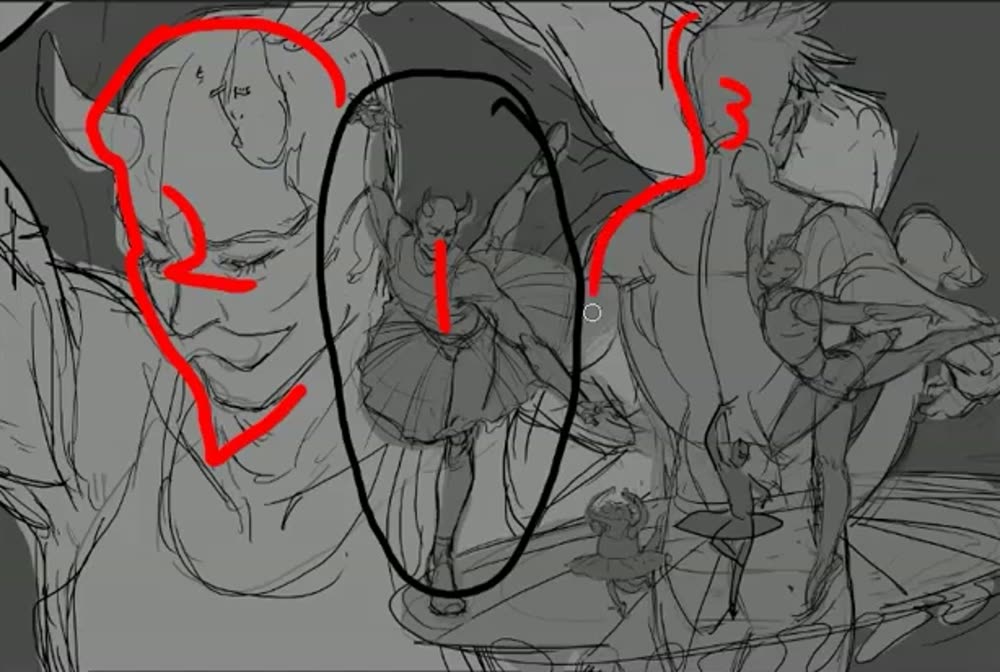 Greyscale rough with three numbered areas.