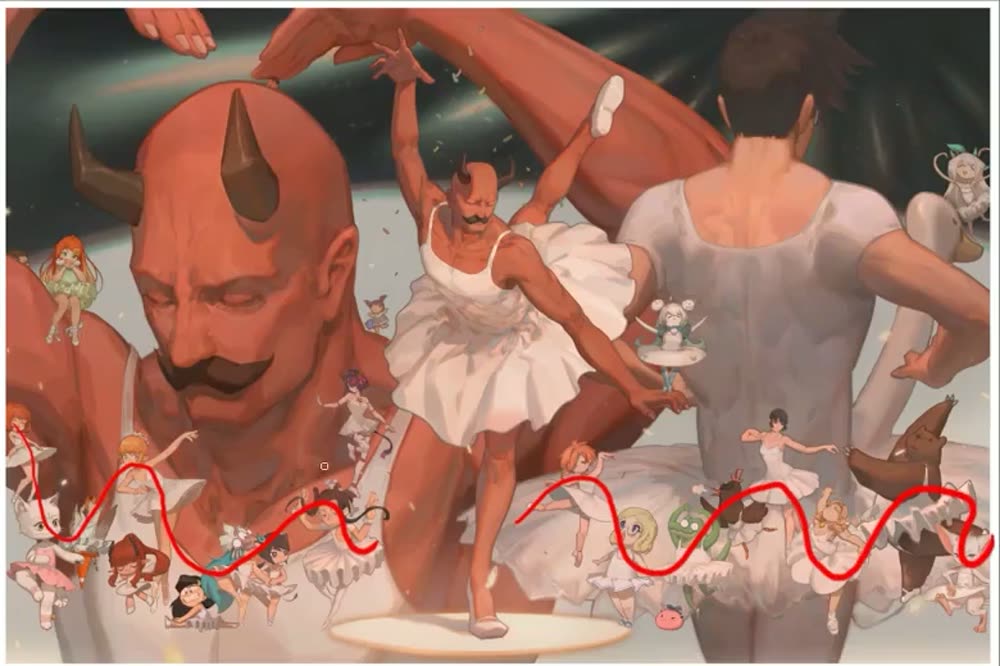 The finished image with red wavy lines along the small figures' heights.