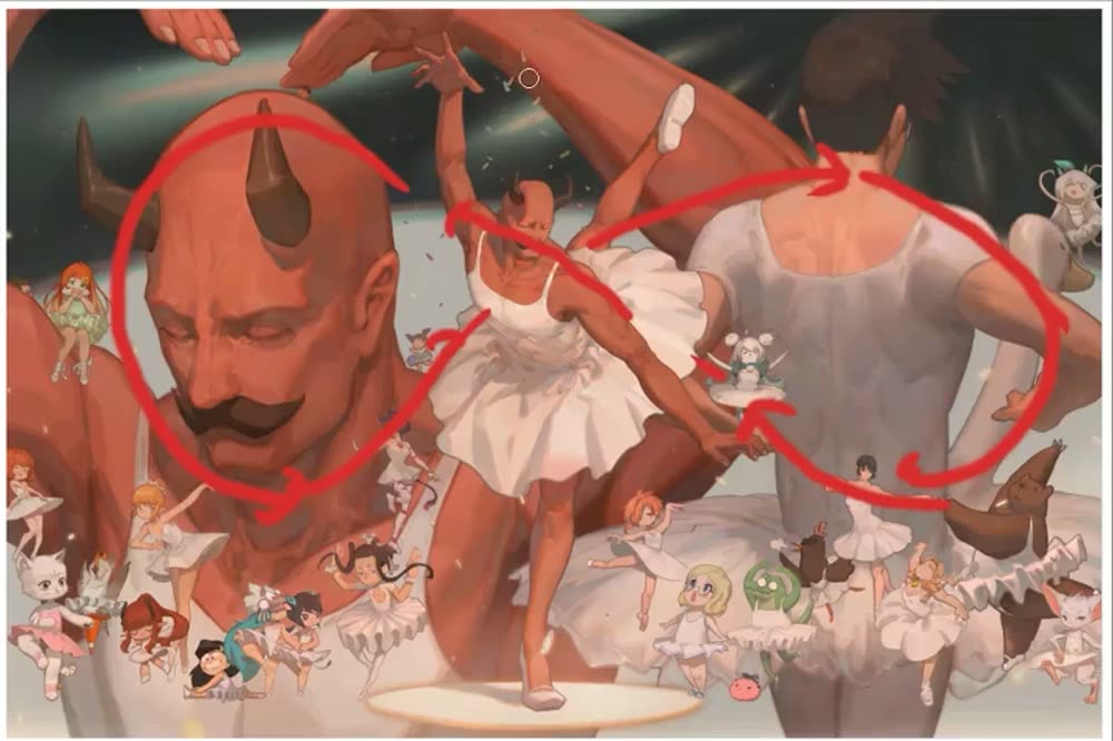Red looped arrows around the giant head and the back figure crossing at the dancer.